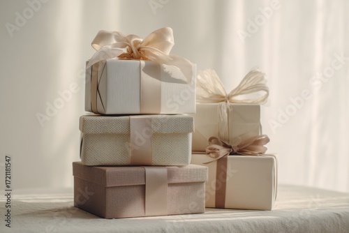 stacked pastel gift boxes with satin ribbons in a calm setting, holiday gift scene for family celebration, gift-giving mood, concept of gift shop, events, and home decor
