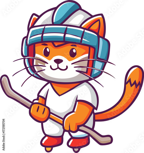 A fun cartoon tiger cat character with a baseball bat, smiling happily