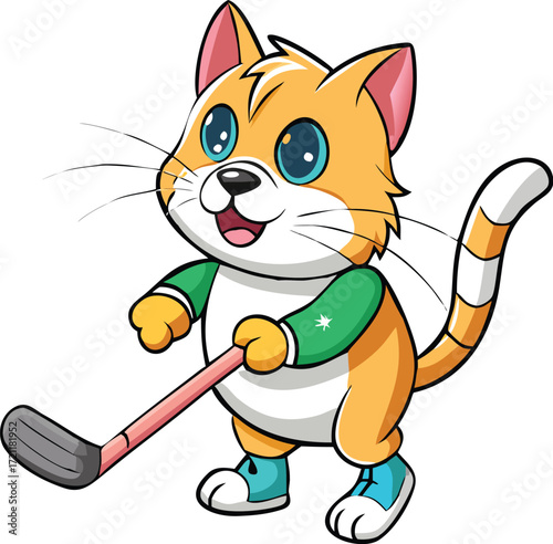 Cute kitten character playing happily with a mouse and a colorful ball