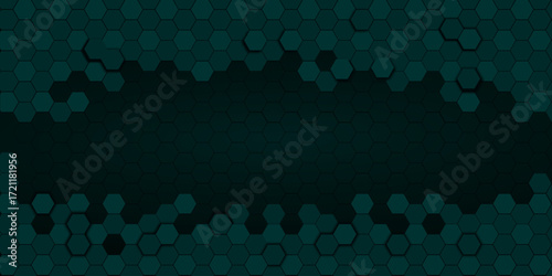Hexagonal abstract dark teal metal background with light | Hexagon concept design abstract technology background | Modern geometric shape digital hi tech concept background | Space for your text