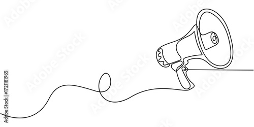 Continuous line drawing representing a megaphone for announcing or protesting. Hand drawn one line vector. Editable stroke, Megaphone icon continuous one line drawing, Public horn speaker in one.