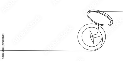 Continuous one line drawing of traveller compass. One line drawing illustration of compass navigate and adventure. Navigation, direction, journey concept line art, Hand drawn Editable stroke vector.