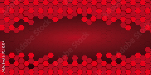 Hexagonal abstract red metal background with light | Hexagon concept design abstract technology background | Modern geometric shape technology digital hi tech concept background | Space for your text