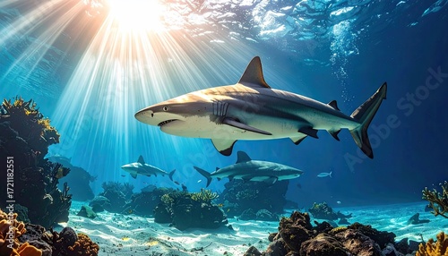 Grey Reef Sharks Swimming in Sunlit Coral Reef