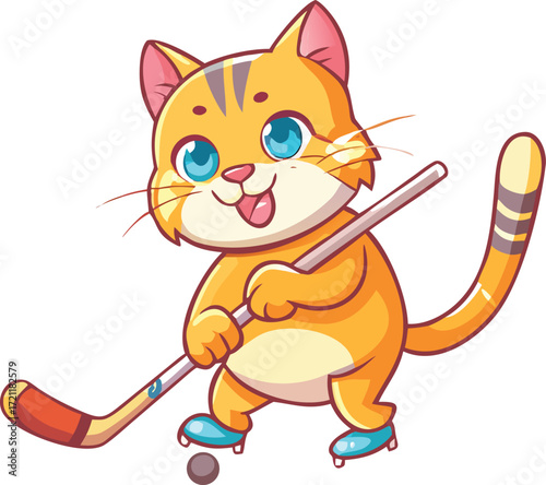 A funny cartoon kitten vector with a cheerful smile and long tail is a cute illustration of a domestic feline pet