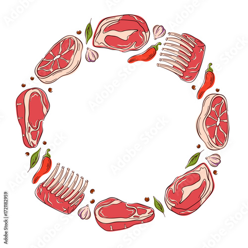 Circular frame of raw meat cut, steak, ribs with herbs, pepper, garlic and spices on a white background in flat style.