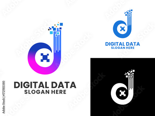 Initial letter D with pixel and circuit data tech logo. Digital logo design vector. Startup logo design icon
