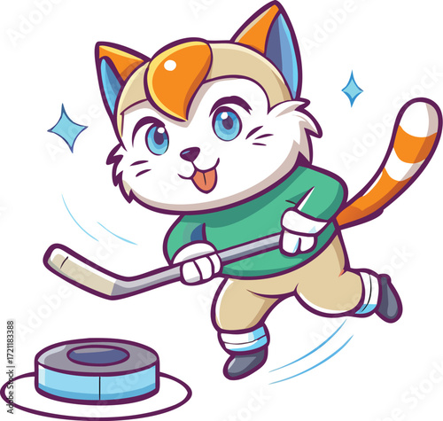 Funny cute cat character drawing with a cheerful, smiling face