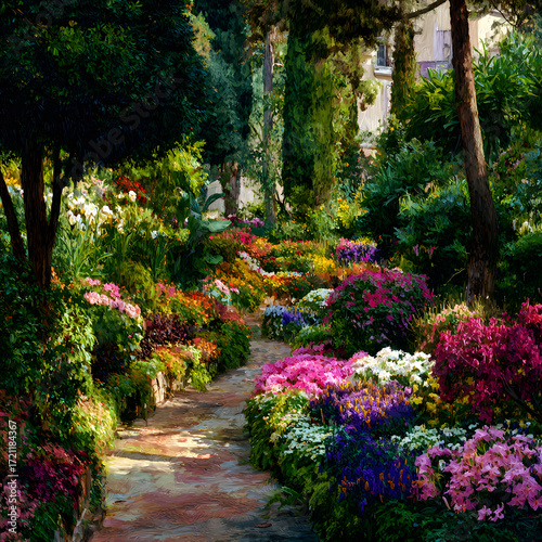 A Vibrant Panorama of a Flwer Garden in Full Bloom:  Captivating Display of Naure's Colors and Beauty