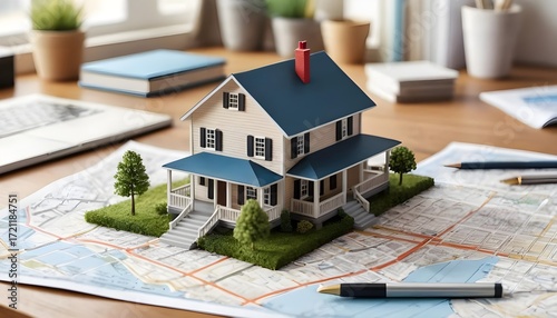 Real estate model house on map home planning modern office environment aerial view
