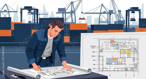 Professional Architect Designing Logistics Blueprint at Shipping Container Port