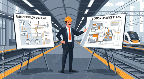 Station upgrade presentation by engineer showing passenger flow and upgrades