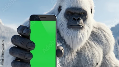 Large Yeti Holding Green Screen Smartphone in Snowy Mountains