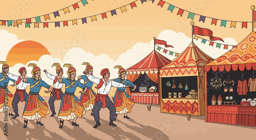 Festive fair with traditional dancers and vibrant market stalls illustration