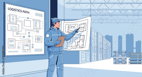 Warehouse logistics planning displayed through diagrams and an industrial manager