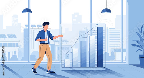 Data-Driven Future: Young professional presenting an upward trending growth chart