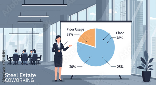 Professional business presentation with a pie chart analysis in a coworking space