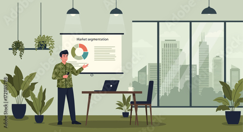 Professional presentation: market segmentation in modern office with cityscape view