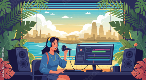 Tropical urban podcast: Woman broadcasting against a skyline oasis illustration