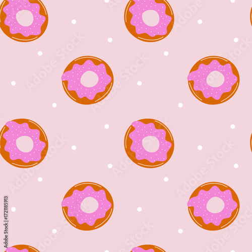 Seamless pattern with pink donuts and sprinkles, sweet bakery dessert background vector illustration.