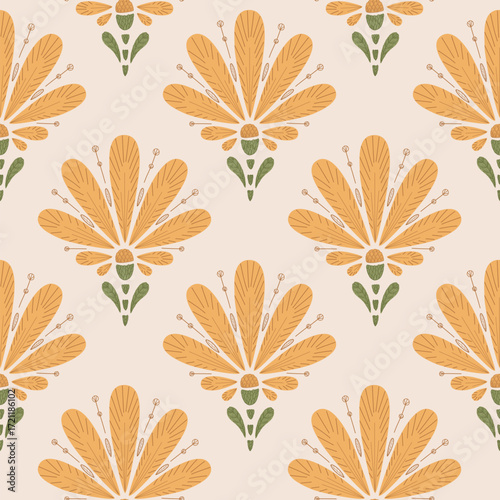 Seamless orange floral pattern with stylized botanical design, perfect for textiles, wallpapers, packaging, and decorative backgrounds.
