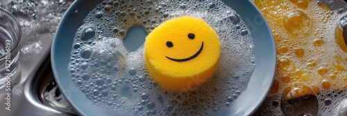 Smiling sponge in soapy water on plate in kitchen sink