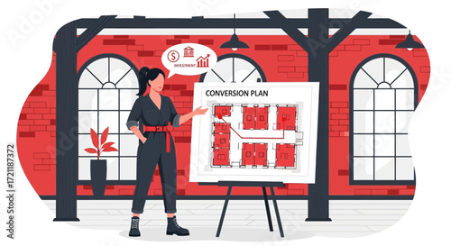 Architectural conversion plan presentation in industrial space with real estate analysis