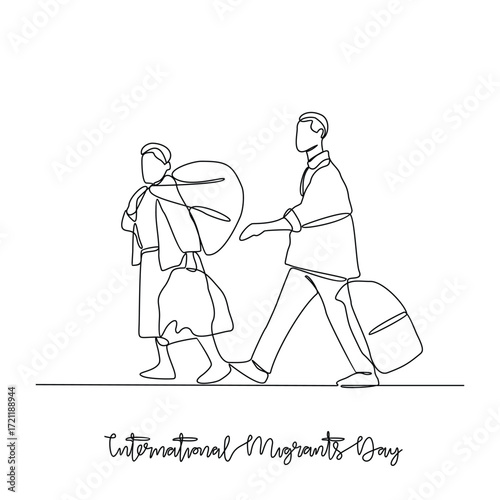 One continuous line drawing of International Migrants Day vector illustration. International Migrants Day theme design concept in simple linear continuous line. Great design for social issue campaign.