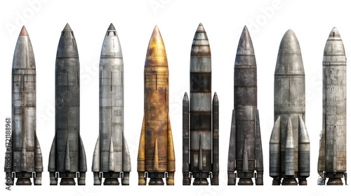 Seven rockets lined up on transparent png background