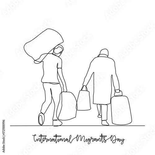 One continuous line drawing of International Migrants Day vector illustration. International Migrants Day theme design concept in simple linear continuous line. Great design for social issue campaign.
