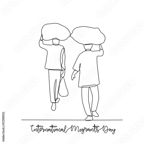 One continuous line drawing of International Migrants Day vector illustration. International Migrants Day theme design concept in simple linear continuous line. Great design for social issue campaign.