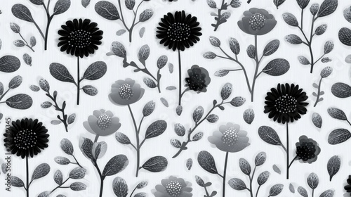Black and white floral pattern with various flowers and leaves on a light background