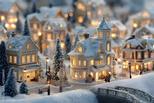 The winter christmas village is a beautiful sight. The snow is falling gently and the lights are shining brightly. The houses are covered in sparkling white, and the streets are lined with trees. It's