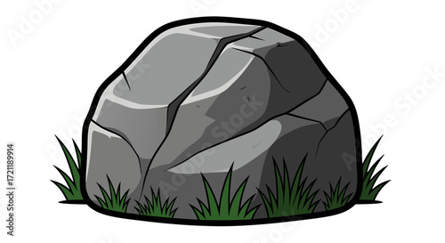 Cracked gray rock with green grass on black background
