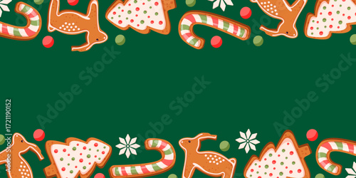 Festive green background with gingerbread cookie, candy cane and decorative snowflakes for holiday celebration in cartoon.