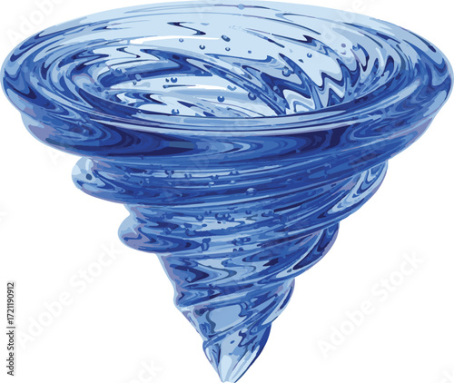 Vector 3D render of swirling blue water vortex in mid air, glossy transparent texture