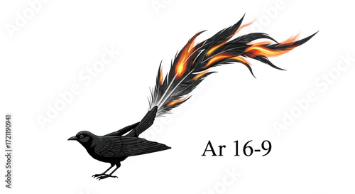 A digital artistic rendering of a black bird with striking fiery feathered tail design