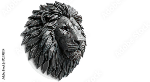 A strikingly detailed metallic lion head sculpture exudes strength and artistic prowess with a