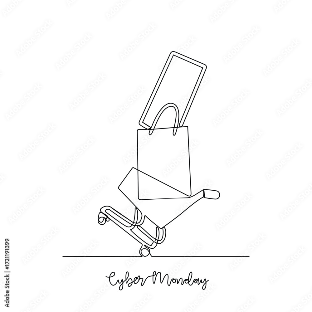 Obraz premium One continuous line drawing Cyber Monday vector illustration. Cyber Monday themes design concept in simple linear continuous line. Great design for business campaign and digital shopping purpose.