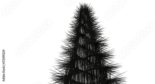 Abstract dark structure silhouette emerging against a stark white background