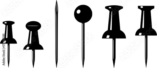 A collection of six black push pin vector silhouettes isolated on white
