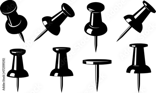 A collection of six black push pin vector silhouettes isolated on white
