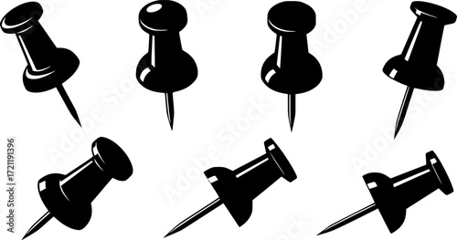 A collection of six black push pin vector silhouettes isolated on white
