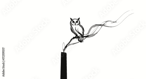 An owl perched precariously on a smoking candle, a monochrome study of contrast and mystery