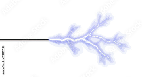 Arc discharge propagation emanating from a metal rod against a white background creating dynamic