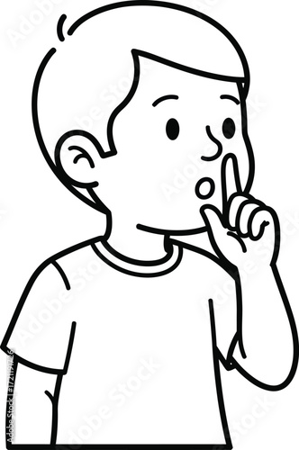 A simple black and white line drawing of a young boy with his finger on his lips, making a 'shhh' gesture, indicating silence or a secret.