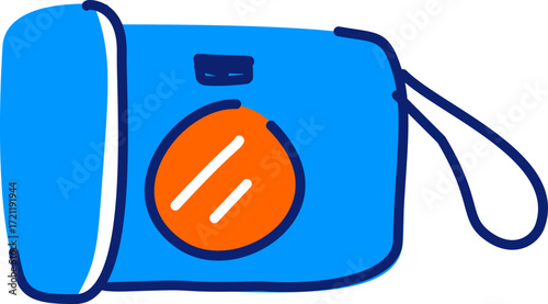 Playful Blue Instant Camera Illustration with Orange Lens and Dark Backdrop