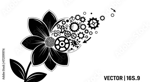 Conceptual black and white flower design showcasing the harmony between nature and technology