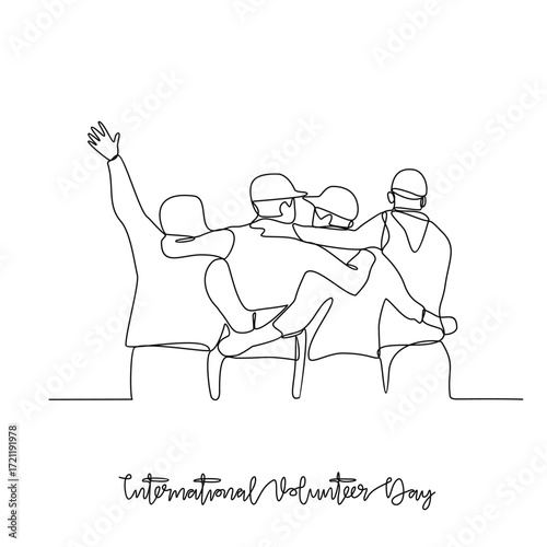 One continuous line drawing of International Volunteer Day vector illustration. International Volunteer Day themes design concept in simple linear continuous line. Great design for social campaign.