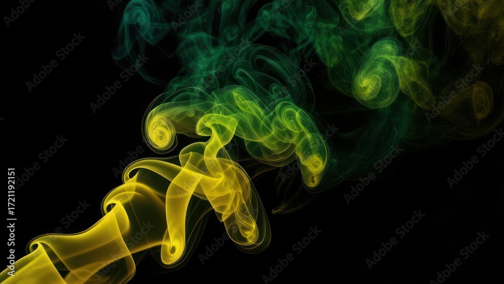 Fototapeta premium Abstract swirls of vibrant green and yellow smoke against a black background